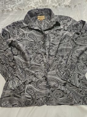 Gold Label Investments Womens Black & White Paisley Button-Down Shirt Non-Iron